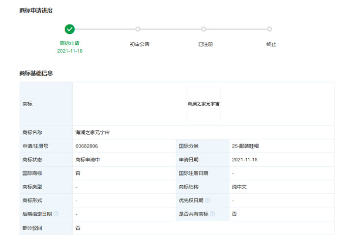 海瀾之家注冊(cè)多個(gè)元宇宙商標(biāo)