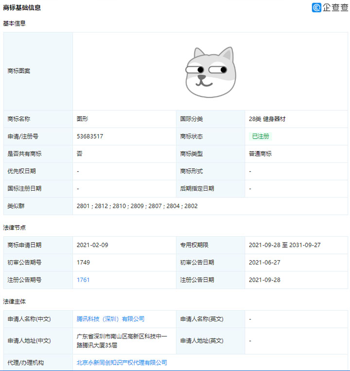 騰訊公司完成狗頭商標注冊