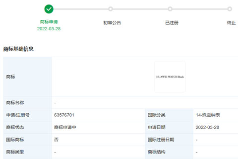 華為技術有限公司申請注冊“HUAWEI WATCH Buds”商標